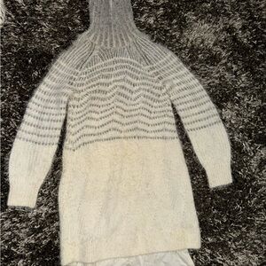 Cream and Gray Cowl Neck Sweater with Wavy Stripes